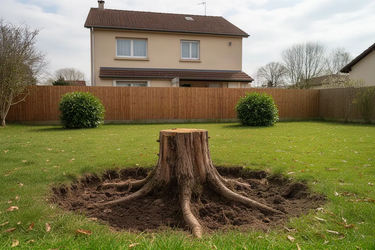 Souche encombrante avant rognage dans un jardin
