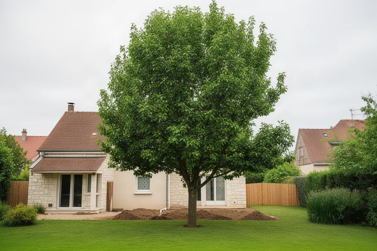 Arbre au houppier dense devant une maison avant élagage à Nancy