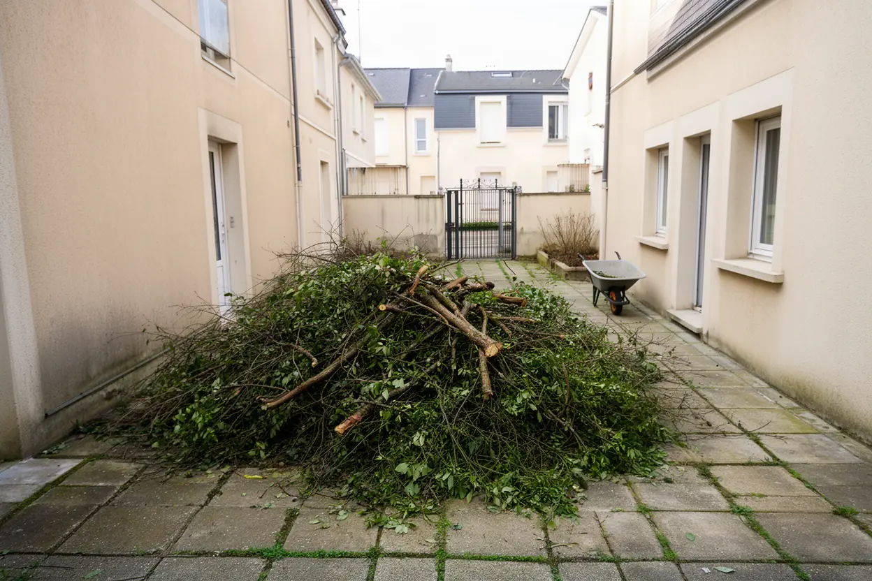 Tas de branchages encombrant un accès à Jarville-la-Malgrange avant collecte