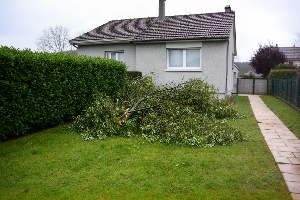 Branches tombées et résidus végétaux au sol à Tomblaine avant nettoyage